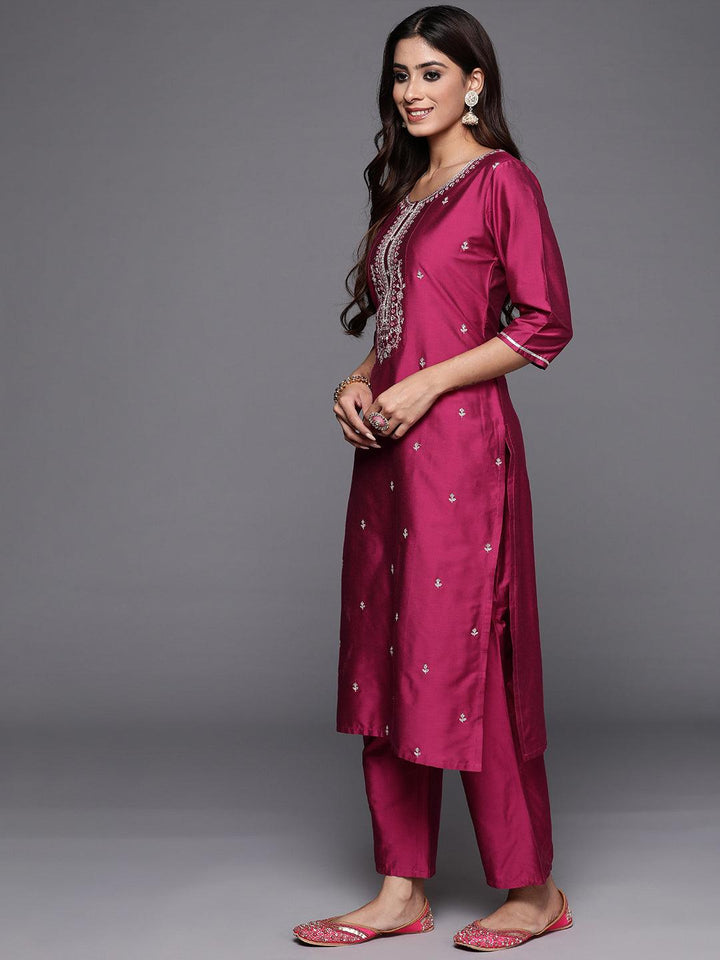 Pink Woven Design Silk Blend Straight Kurta With Trousers & Dupatta - ShopLibas