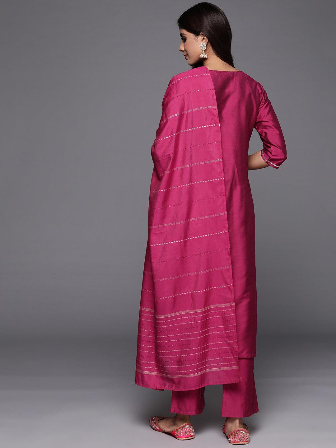 Pink Woven Design Silk Blend Straight Kurta With Trousers & Dupatta - ShopLibas