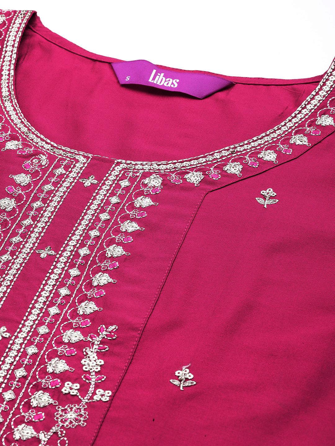 Pink Woven Design Silk Blend Straight Kurta With Trousers & Dupatta - ShopLibas