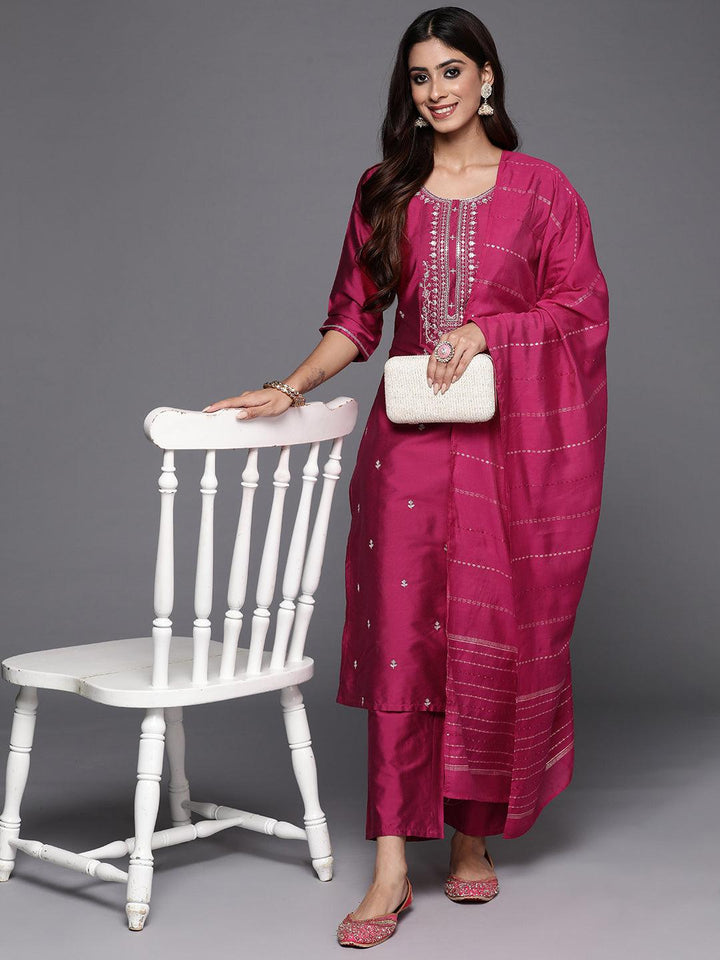 Pink Woven Design Silk Blend Straight Kurta With Trousers & Dupatta - ShopLibas