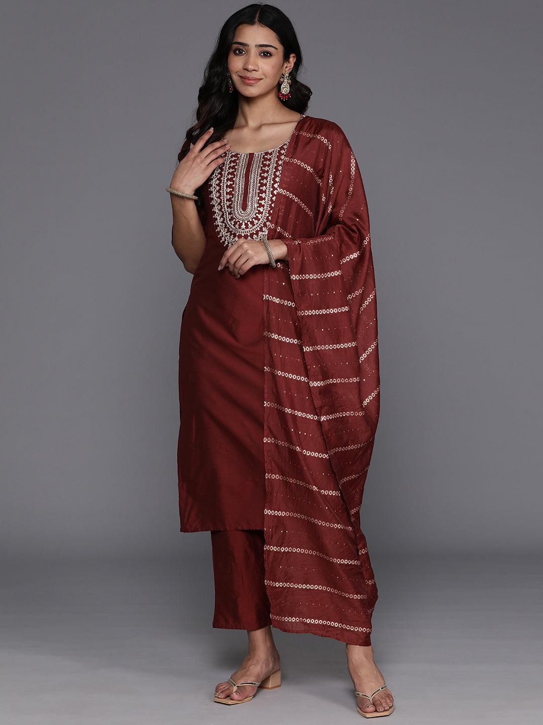 Maroon Yoke Design Silk Blend Straight Suit With Dupatta