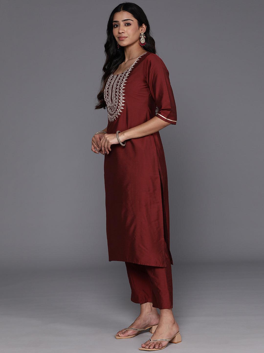 Maroon Yoke Design Silk Blend Straight Suit With Dupatta