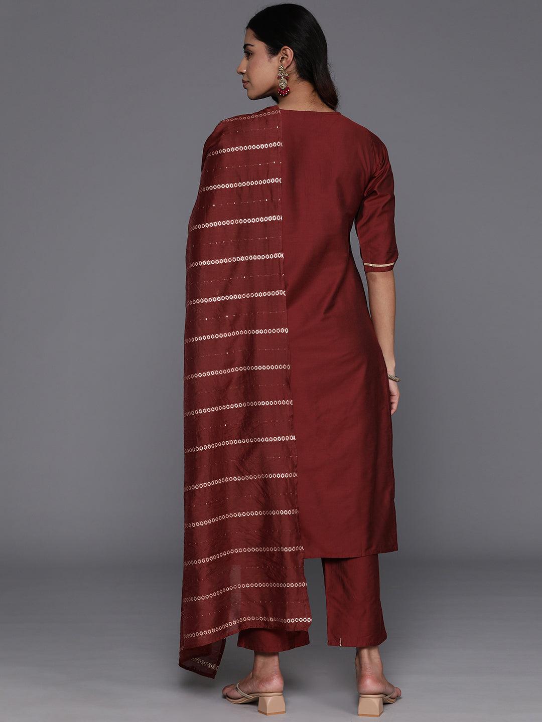 Maroon Yoke Design Silk Blend Straight Suit With Dupatta