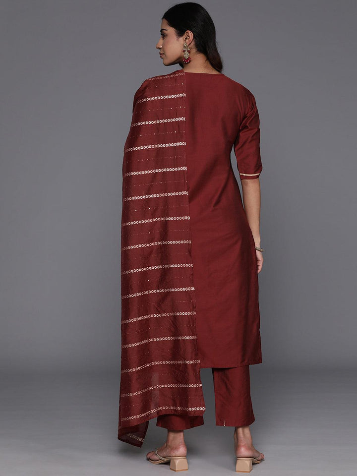 Maroon Yoke Design Silk Blend Straight Kurta With Trousers & Dupatta - ShopLibas