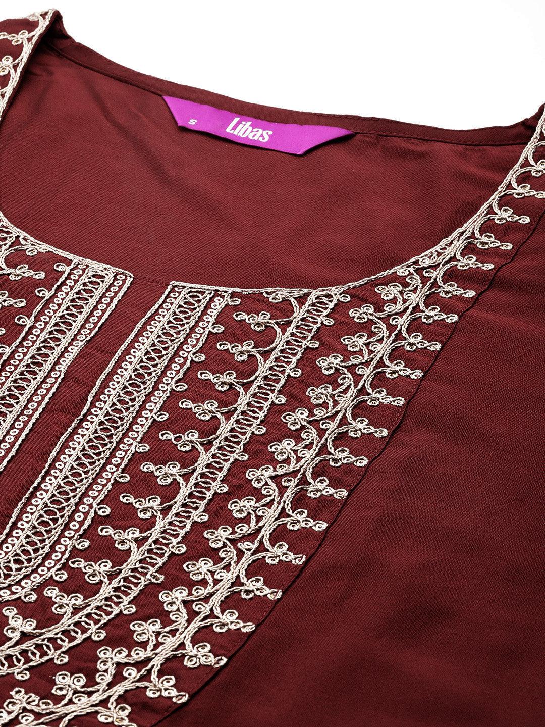 Maroon Yoke Design Silk Blend Straight Suit With Dupatta