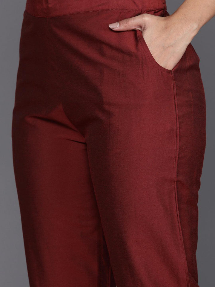 Maroon Yoke Design Silk Blend Straight Kurta With Trousers & Dupatta - ShopLibas