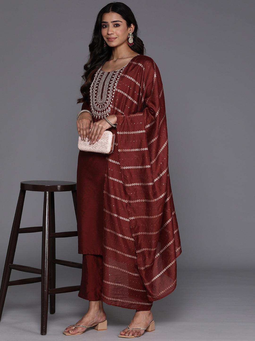 Maroon Yoke Design Silk Blend Straight Suit With Dupatta