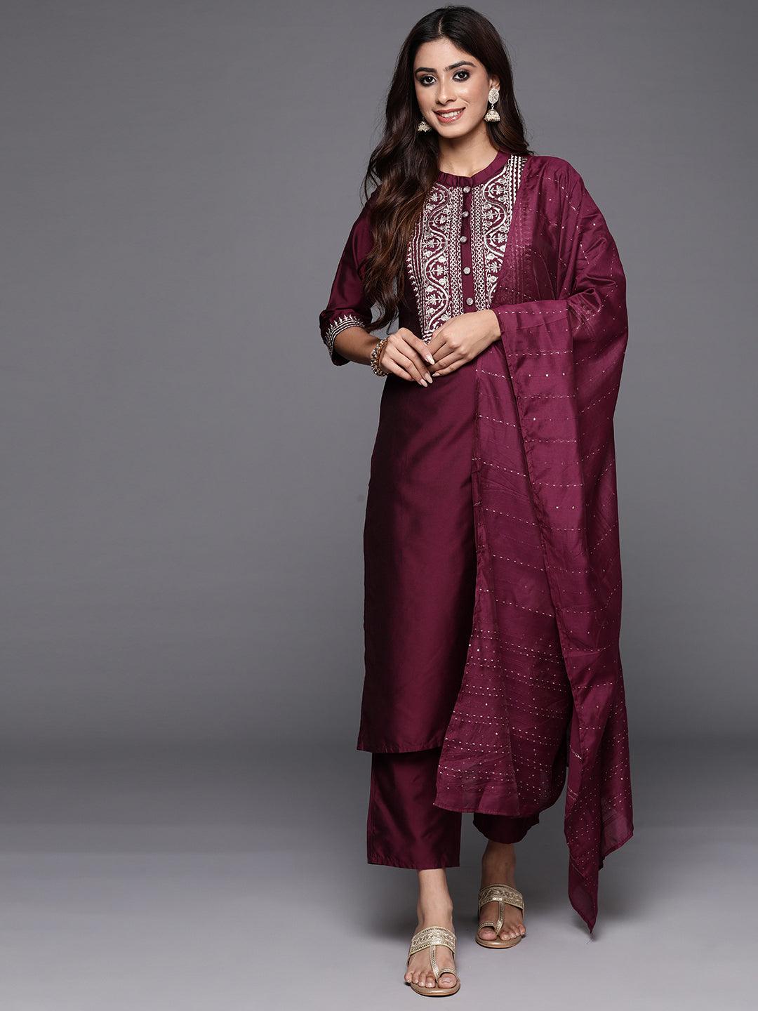 Wine Yoke Design Silk Blend Straight Suit With Dupatta