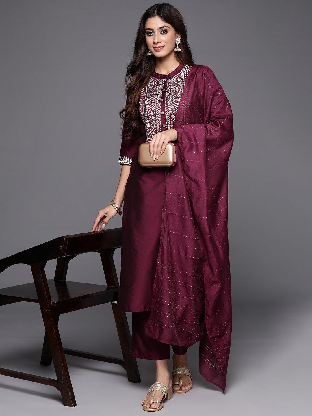 Wine Yoke Design Silk Blend Straight Suit With Dupatta