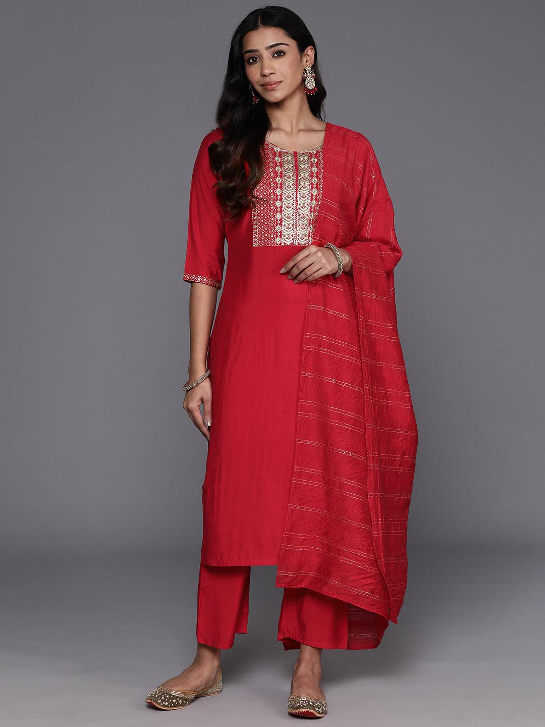 Red Yoke Design Silk Blend Straight Kurta With Trousers & Dupatta - ShopLibas