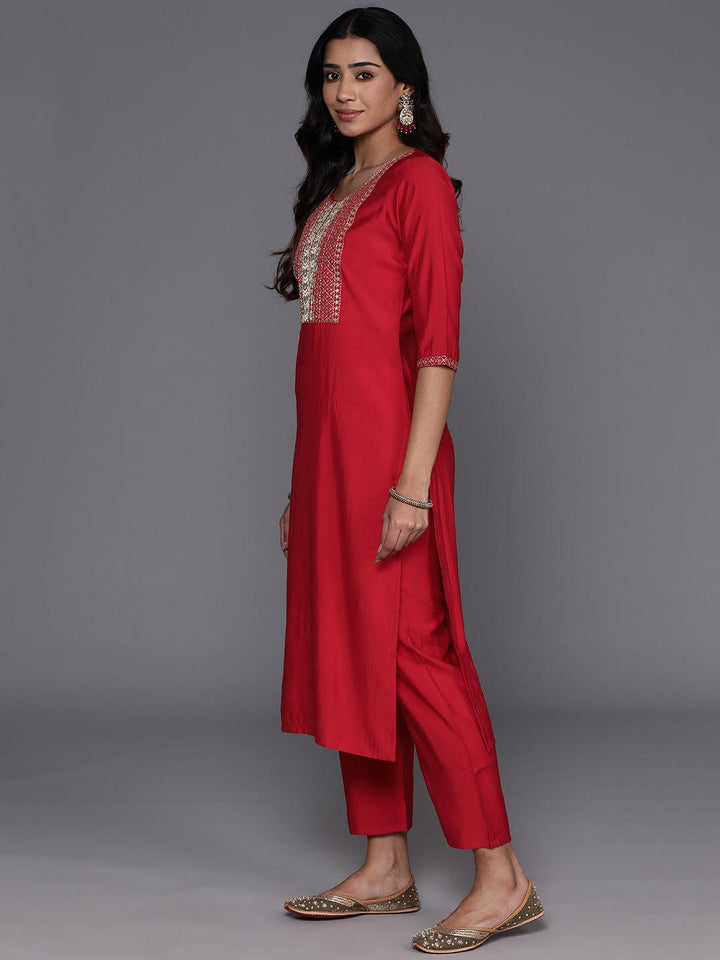 Red Yoke Design Silk Blend Straight Kurta With Trousers & Dupatta - ShopLibas