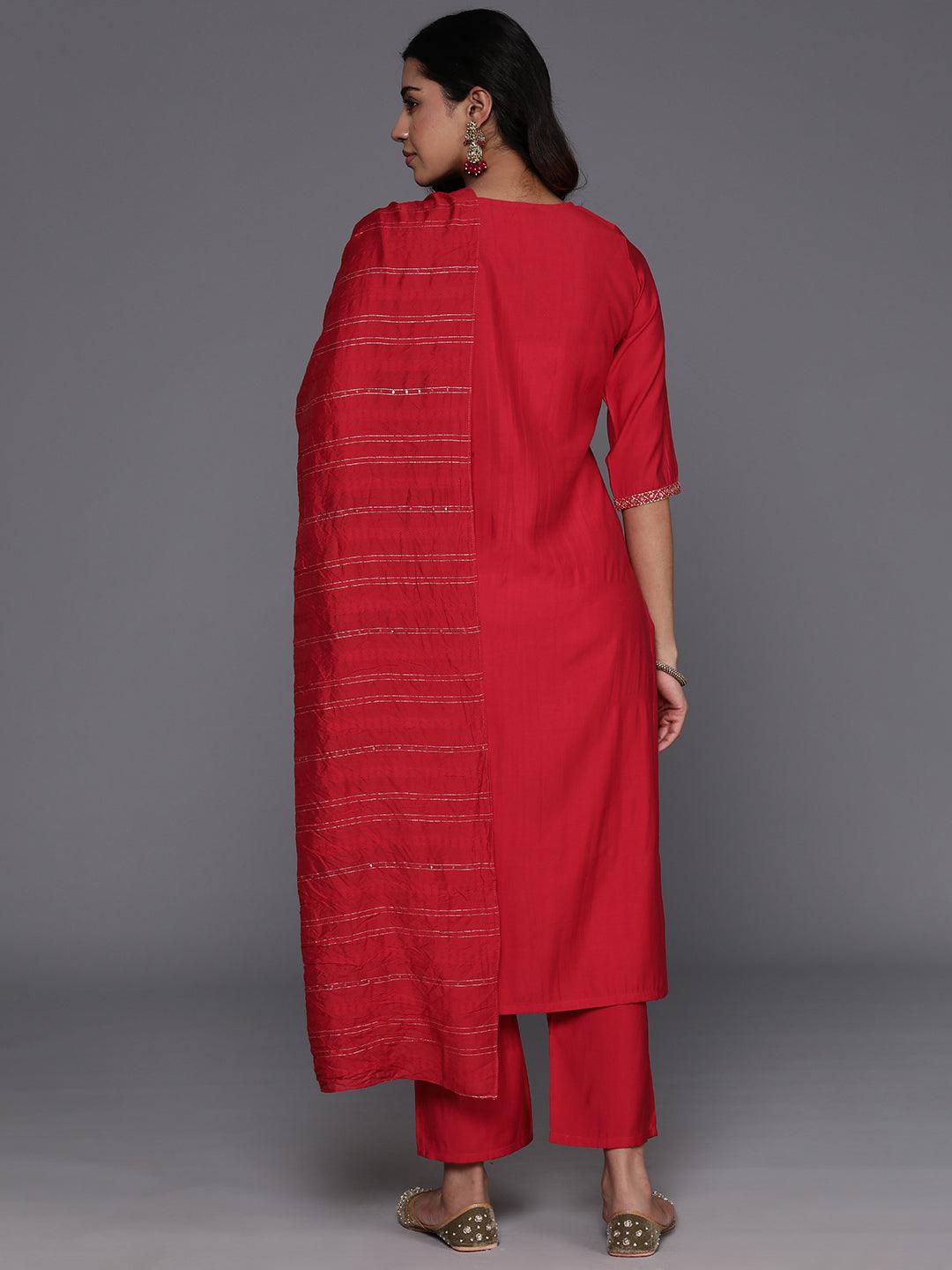 Red Yoke Design Silk Blend Straight Kurta With Trousers & Dupatta - ShopLibas