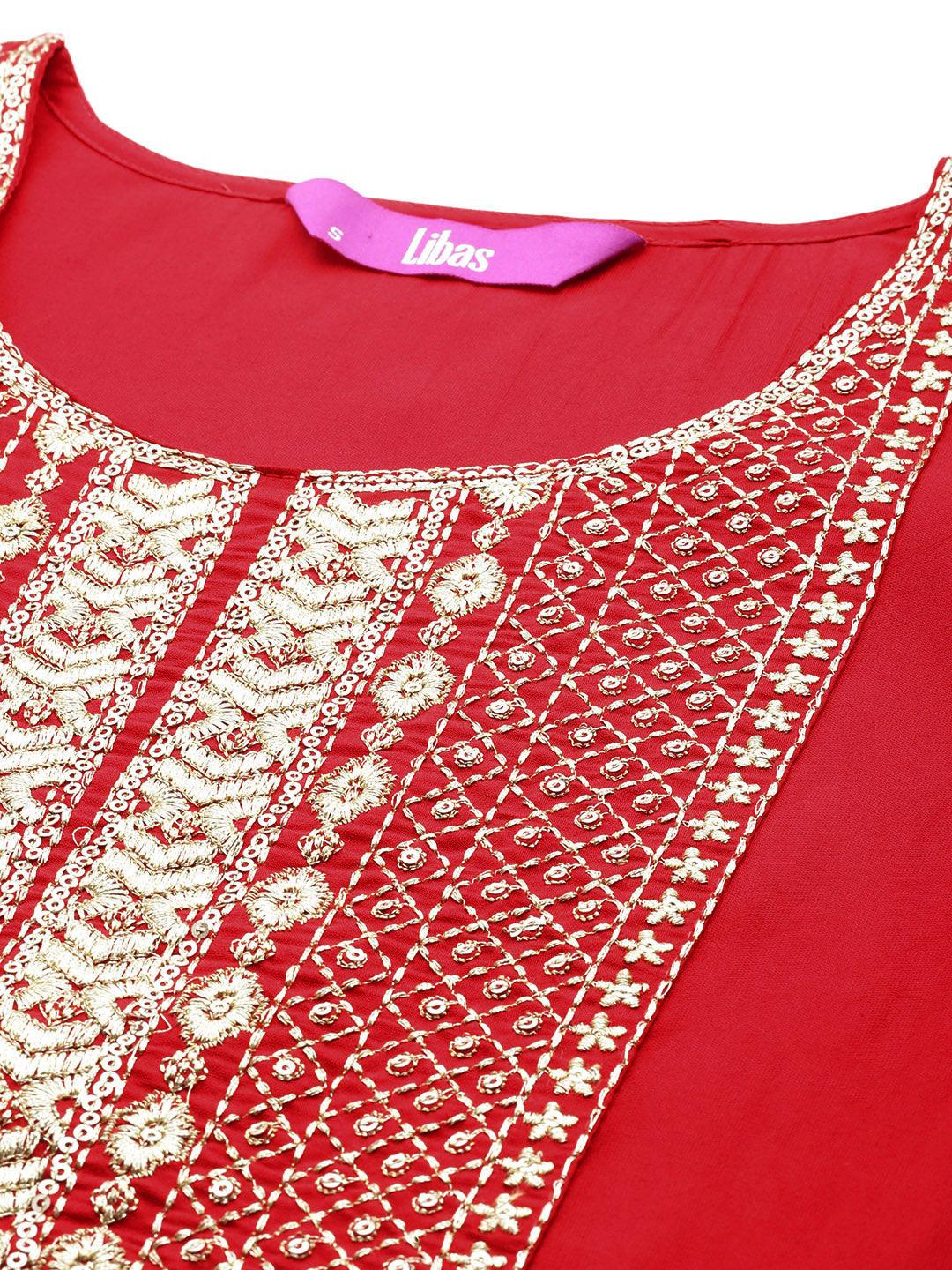 Red Yoke Design Silk Blend Straight Kurta With Trousers & Dupatta - ShopLibas