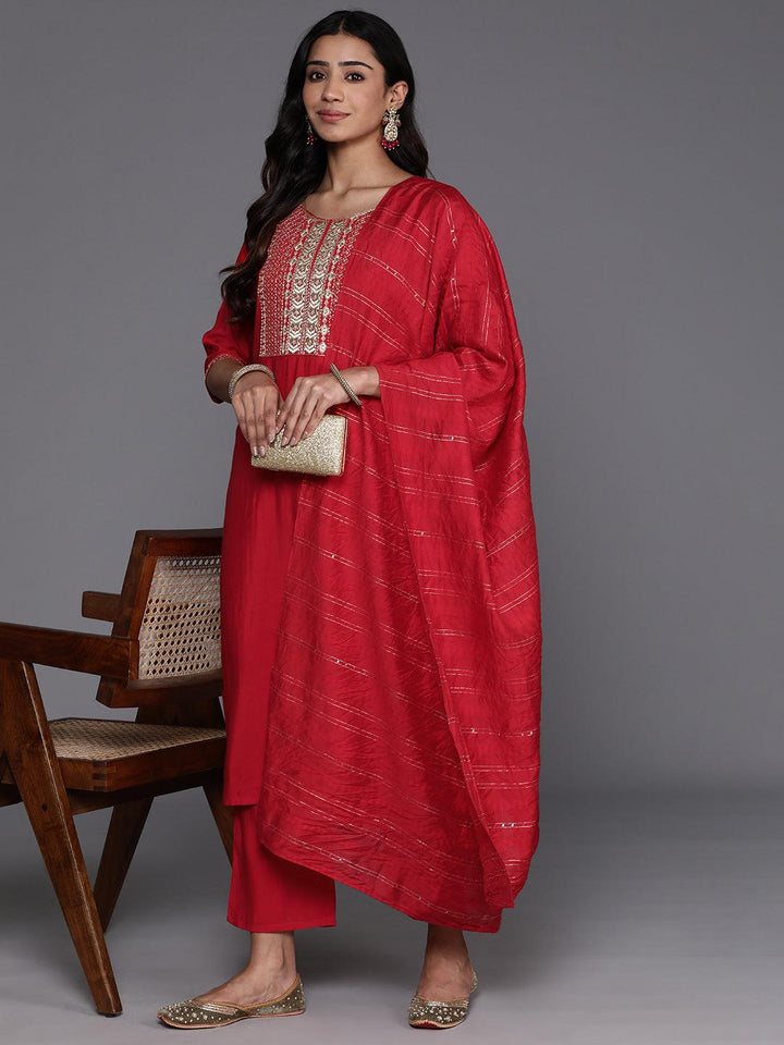 Red Yoke Design Silk Blend Straight Kurta With Trousers & Dupatta - ShopLibas