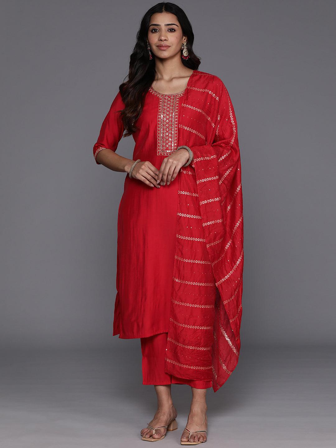 Red Yoke Design Silk Blend Straight Suit With Dupatta