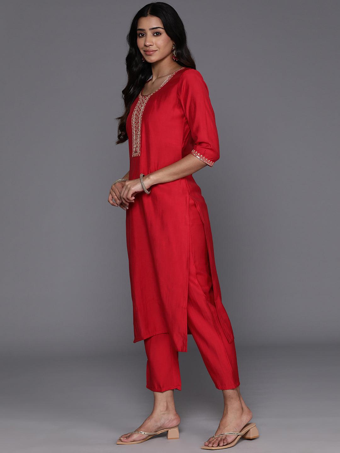 Red Yoke Design Silk Blend Straight Suit With Dupatta