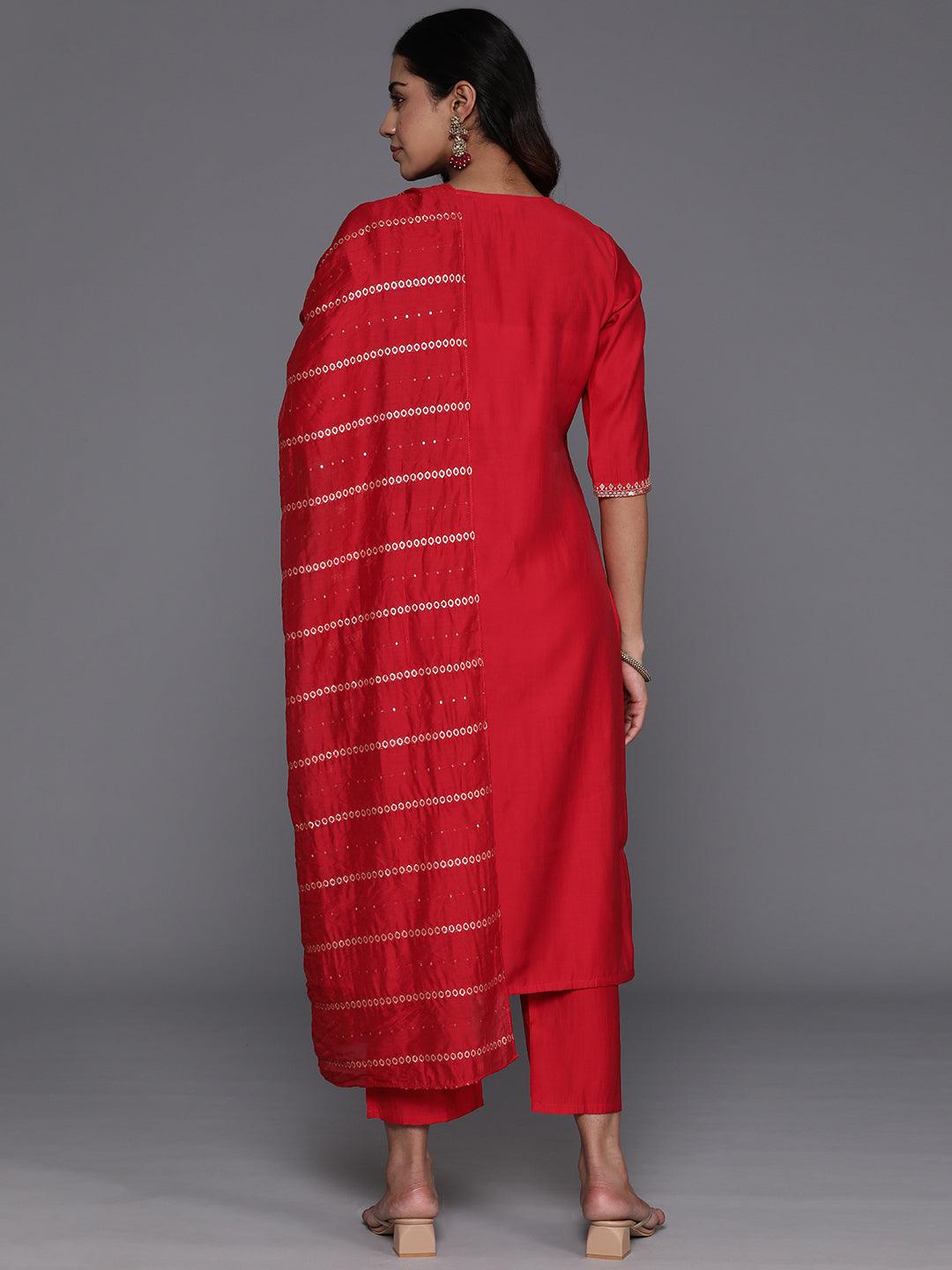 Red Yoke Design Silk Blend Straight Suit With Dupatta