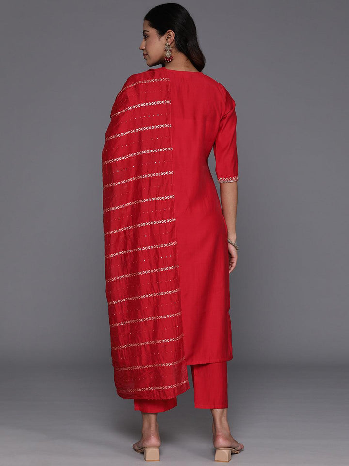 Red Yoke Design Silk Blend Straight Kurta With Trousers & Dupatta - ShopLibas