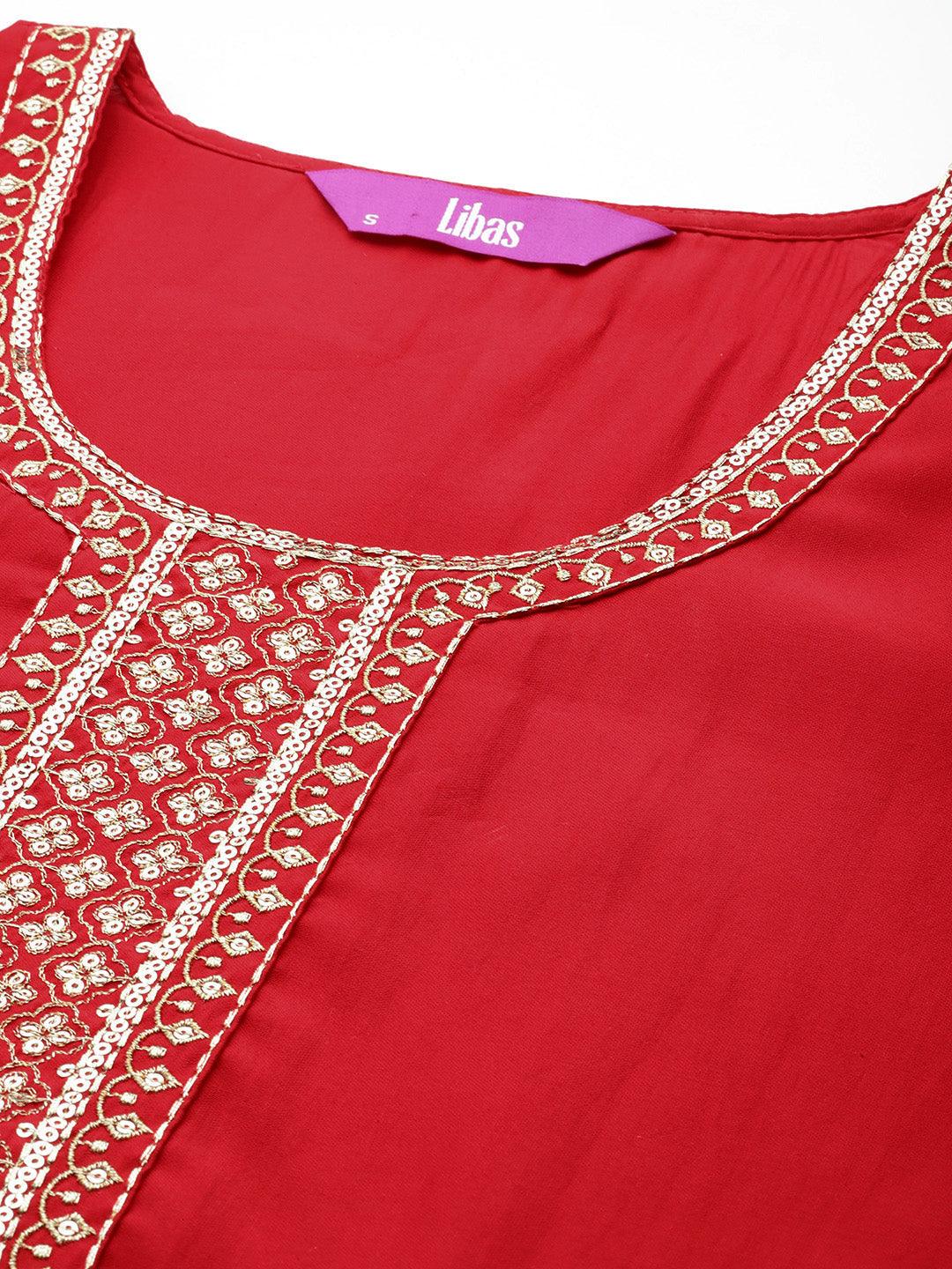 Red Yoke Design Silk Blend Straight Suit With Dupatta