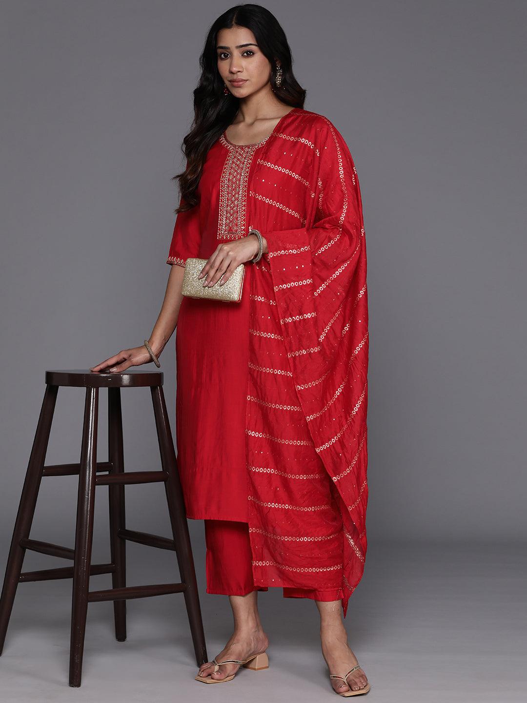 Red Yoke Design Silk Blend Straight Suit With Dupatta