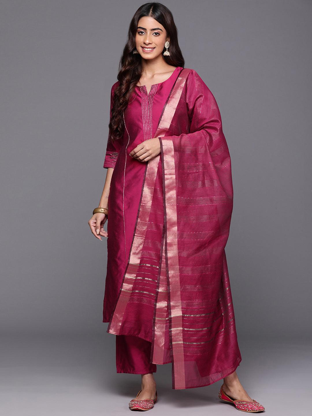 Pink Solid Silk Blend Straight Kurta With Trousers & Dupatta - ShopLibas