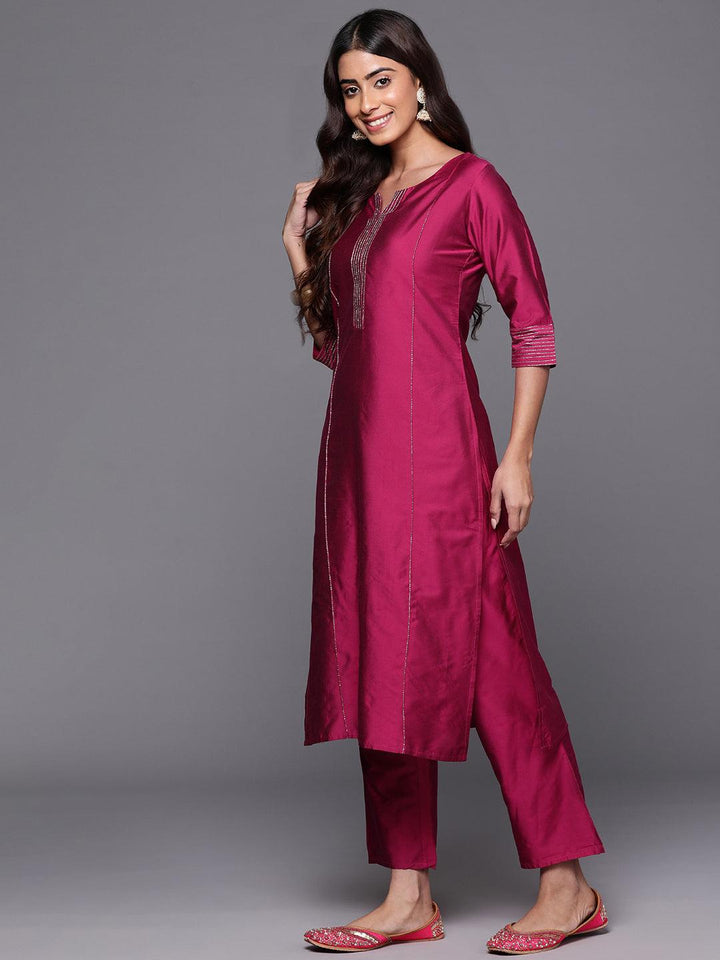 Pink Solid Silk Blend Straight Kurta With Trousers & Dupatta - ShopLibas