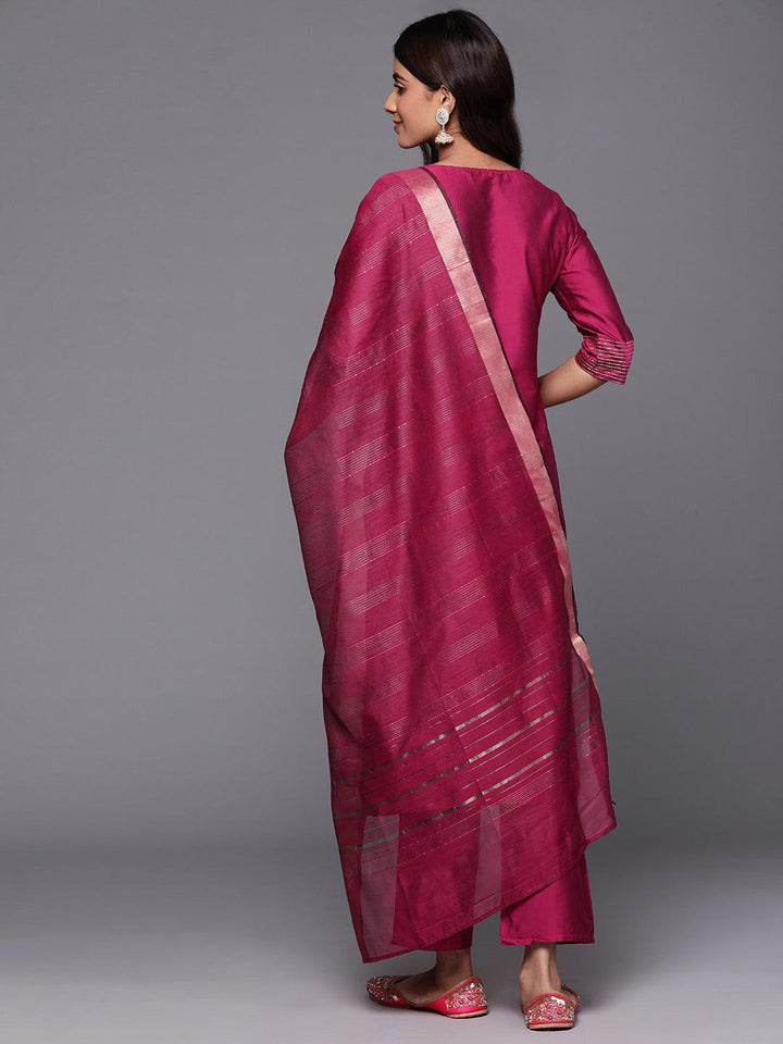 Pink Solid Silk Blend Straight Kurta With Trousers & Dupatta - ShopLibas