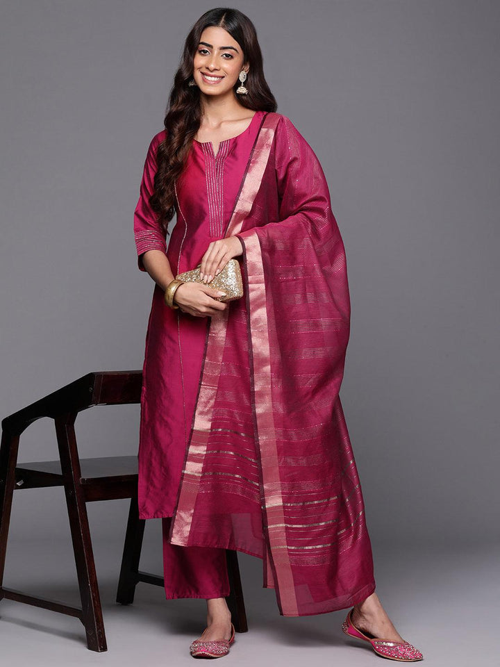 Pink Solid Silk Blend Straight Kurta With Trousers & Dupatta - ShopLibas