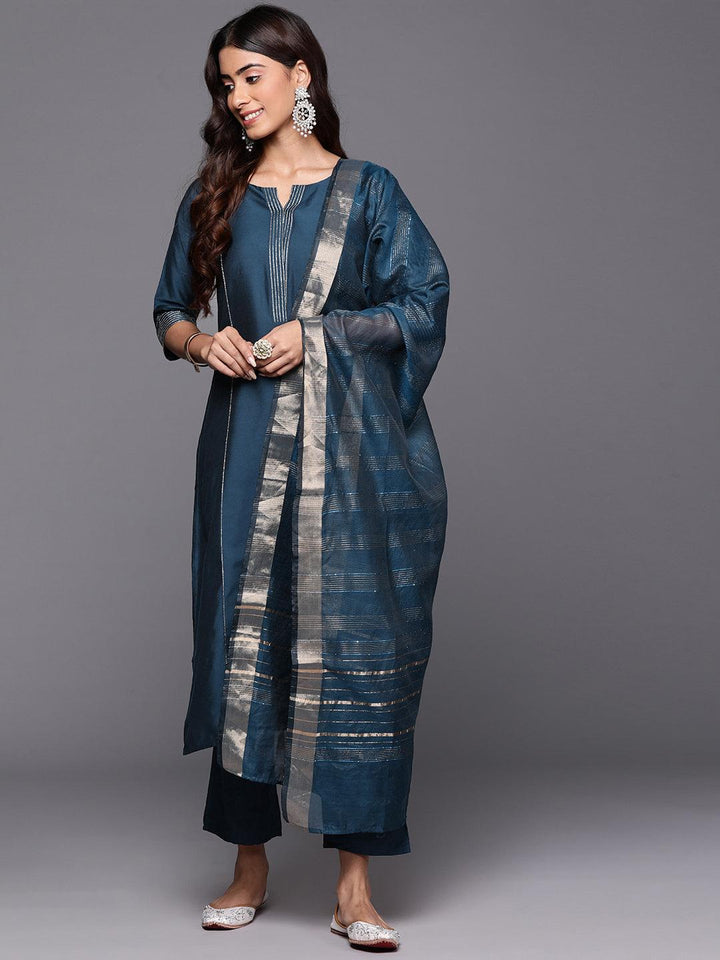 Blue Solid Silk Blend Straight Kurta With Trousers & Dupatta - ShopLibas