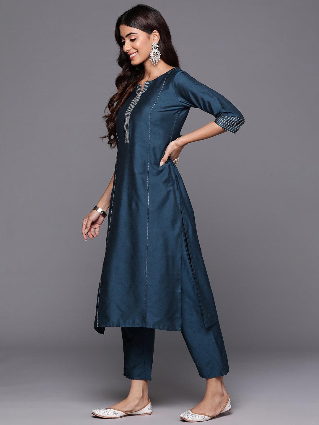 Blue Solid Silk Blend Straight Suit With Dupatta