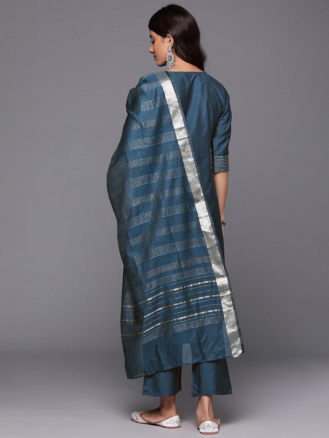 Blue Solid Silk Blend Straight Suit With Dupatta