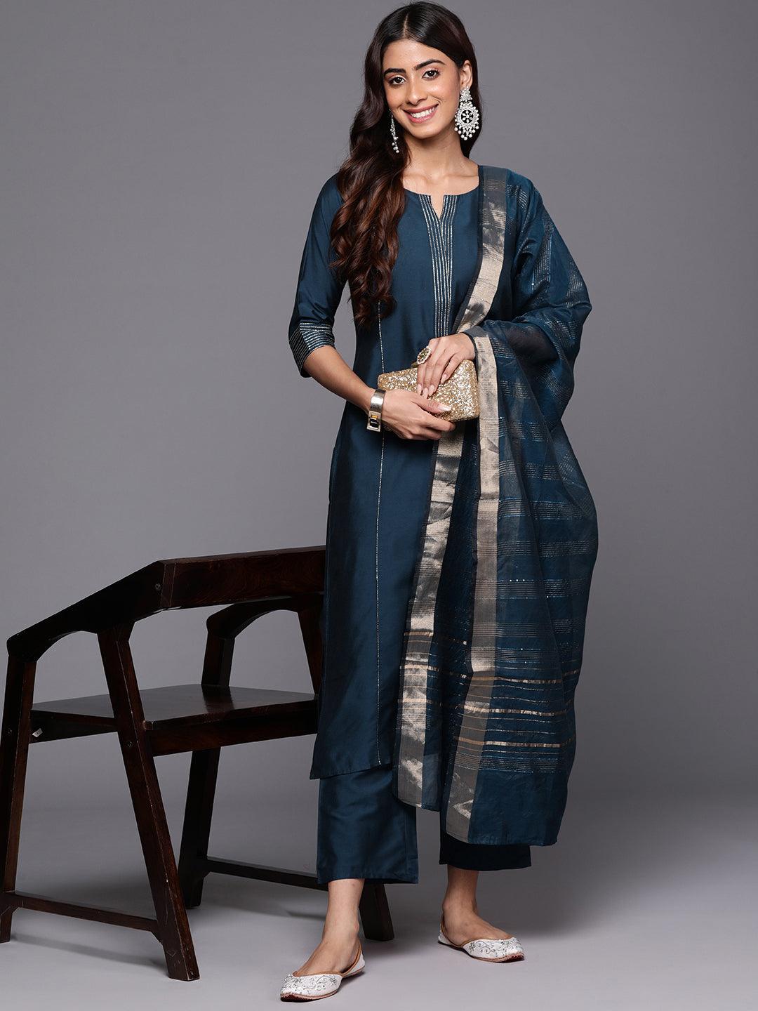 Blue Solid Silk Blend Straight Kurta With Trousers & Dupatta - ShopLibas