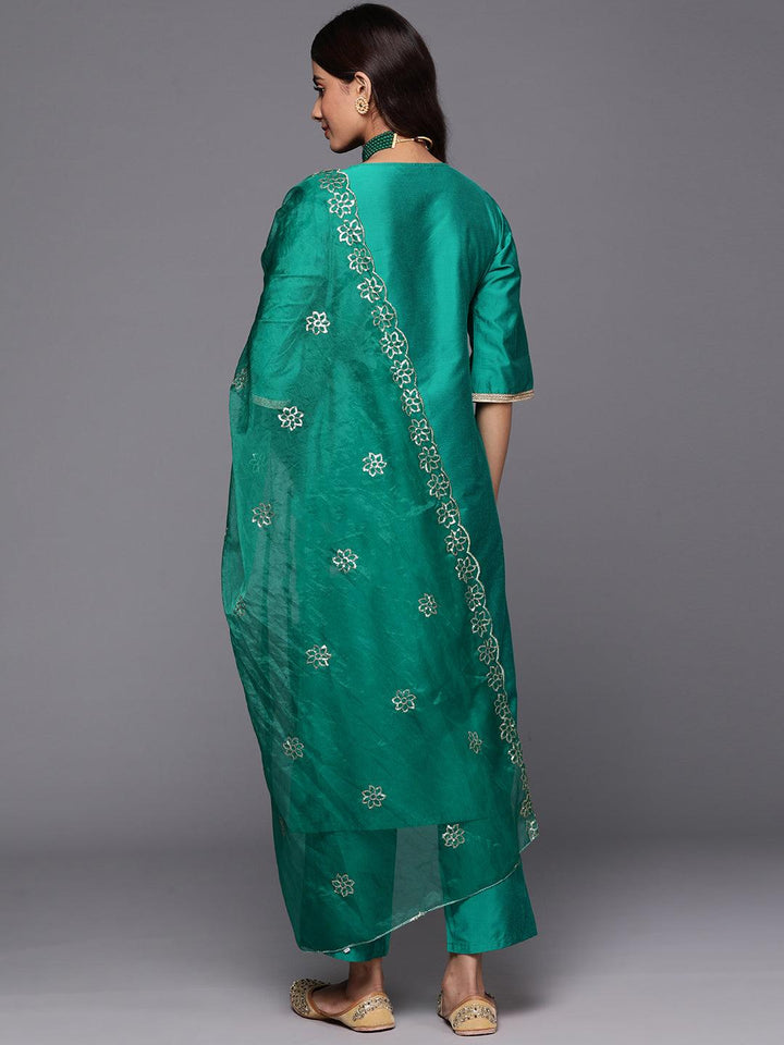 Green Solid Silk Blend Straight Kurta With Trousers & Dupatta - ShopLibas