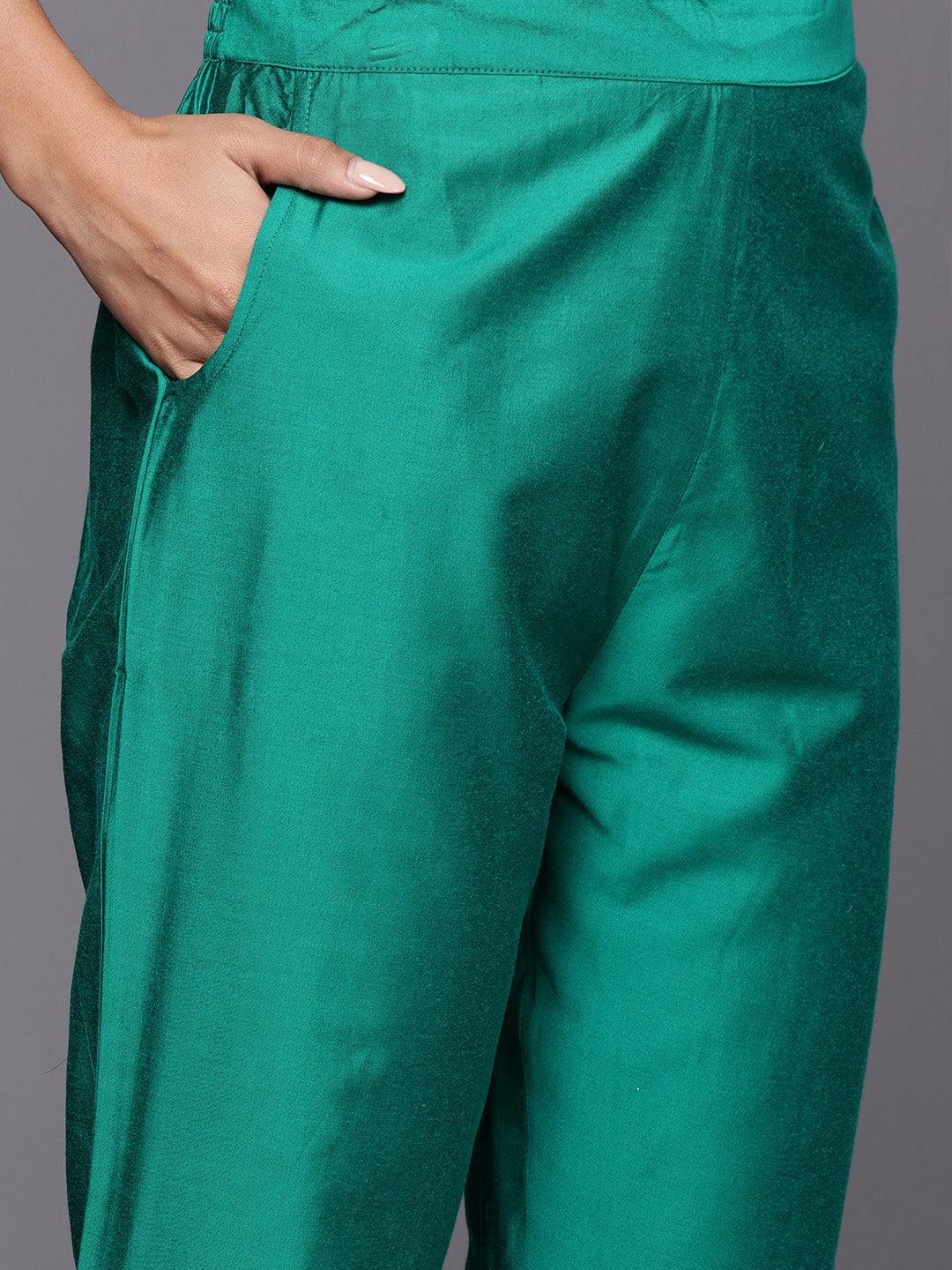 Green Solid Silk Blend Straight Kurta With Trousers & Dupatta - ShopLibas