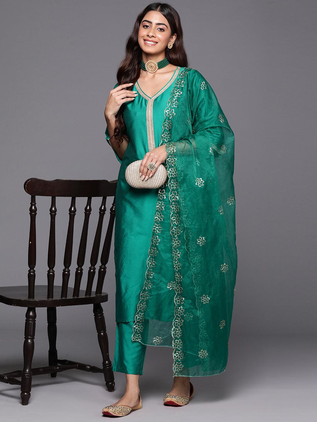 Green Solid Silk Blend Straight Kurta With Trousers & Dupatta - ShopLibas