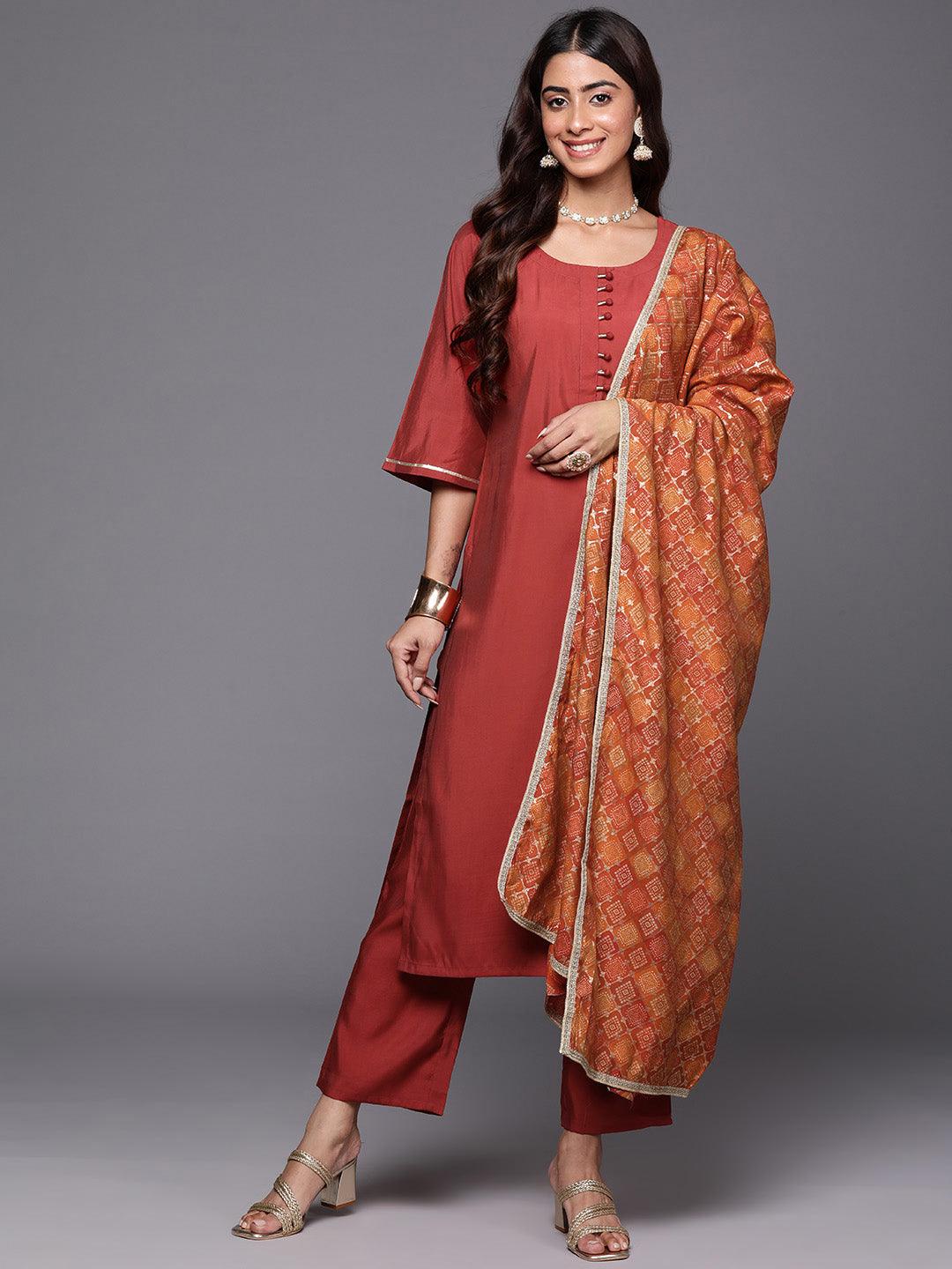 Rust Solid Silk Blend Straight Kurta With Trousers & Dupatta - ShopLibas