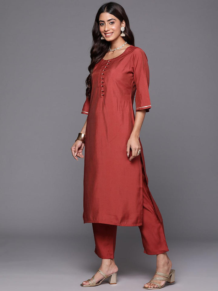 Rust Solid Silk Blend Straight Kurta With Trousers & Dupatta - ShopLibas