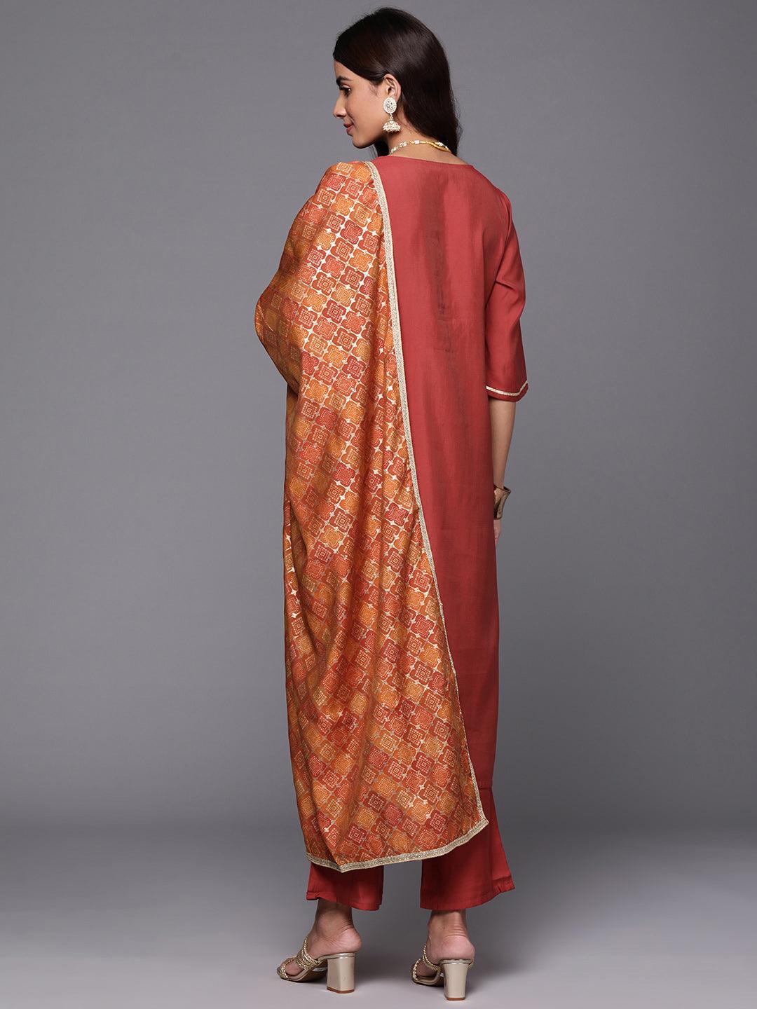 Rust Solid Silk Blend Straight Kurta With Trousers & Dupatta - ShopLibas