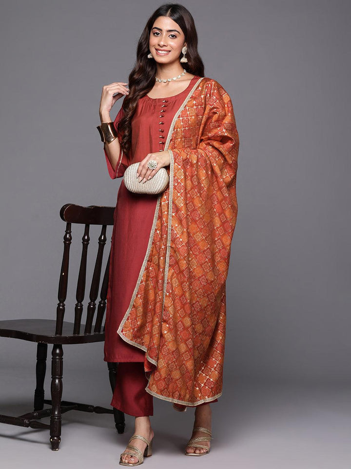 Rust Solid Silk Blend Straight Kurta With Trousers & Dupatta - ShopLibas