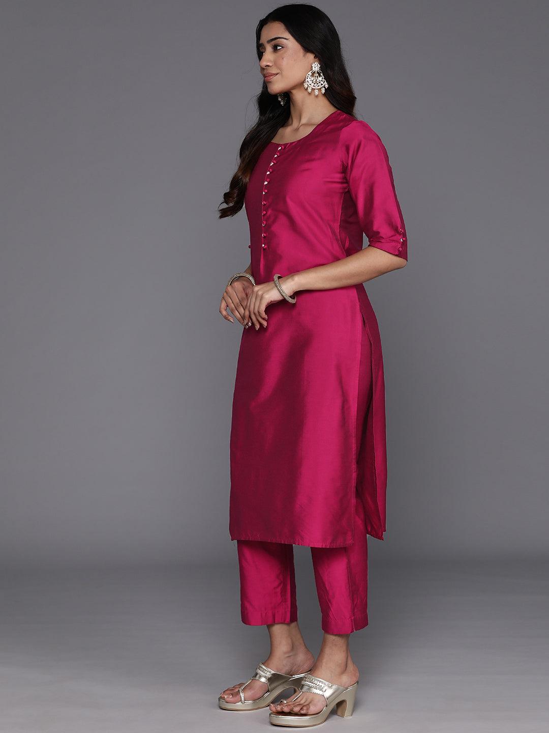 Magenta Solid Silk Blend Straight Kurta With Trousers & Dupatta - ShopLibas