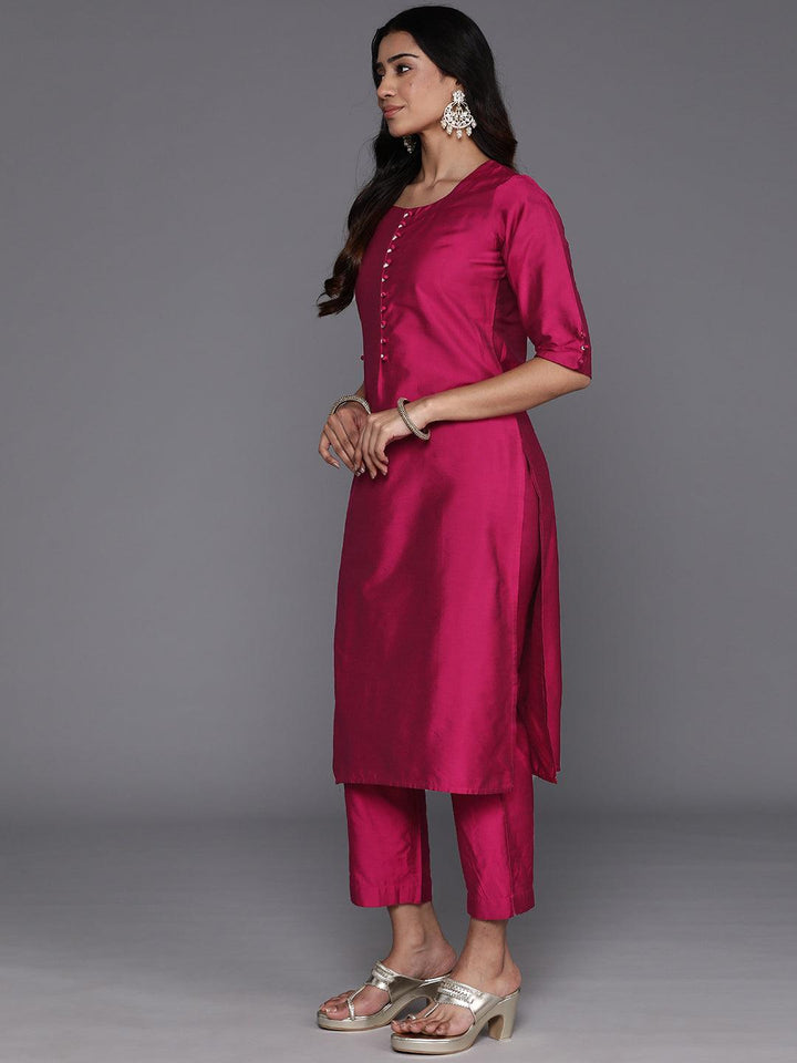 Magenta Solid Silk Blend Straight Kurta With Trousers & Dupatta - ShopLibas