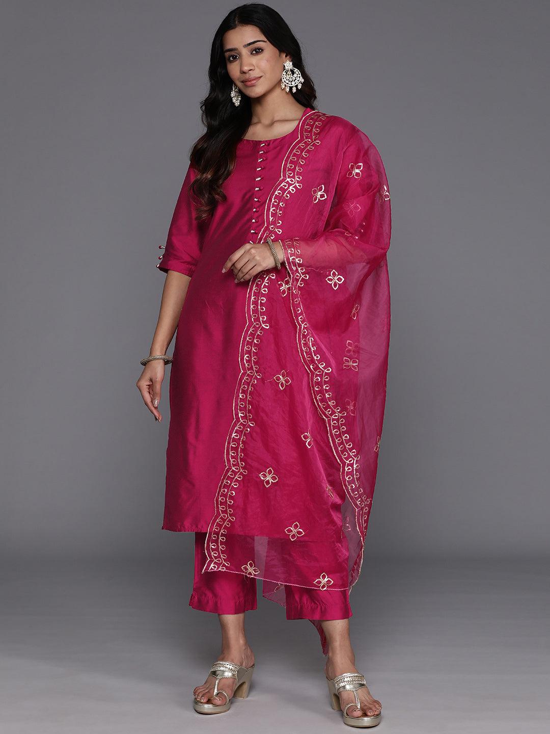 Magenta Solid Silk Blend Straight Kurta With Trousers & Dupatta - ShopLibas