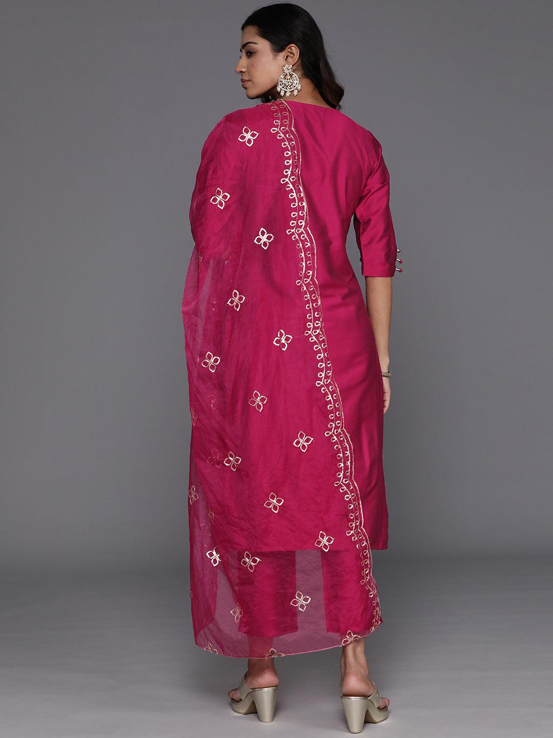 Magenta Solid Silk Blend Straight Suit With Dupatta