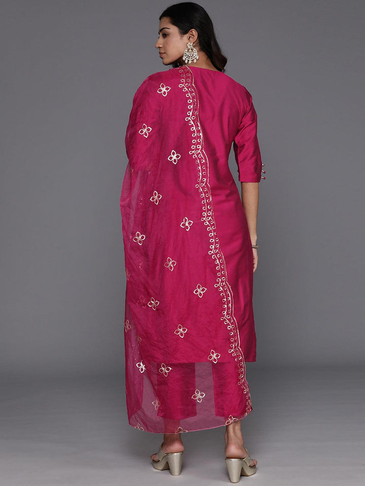 Magenta Solid Silk Blend Straight Kurta With Trousers & Dupatta - ShopLibas