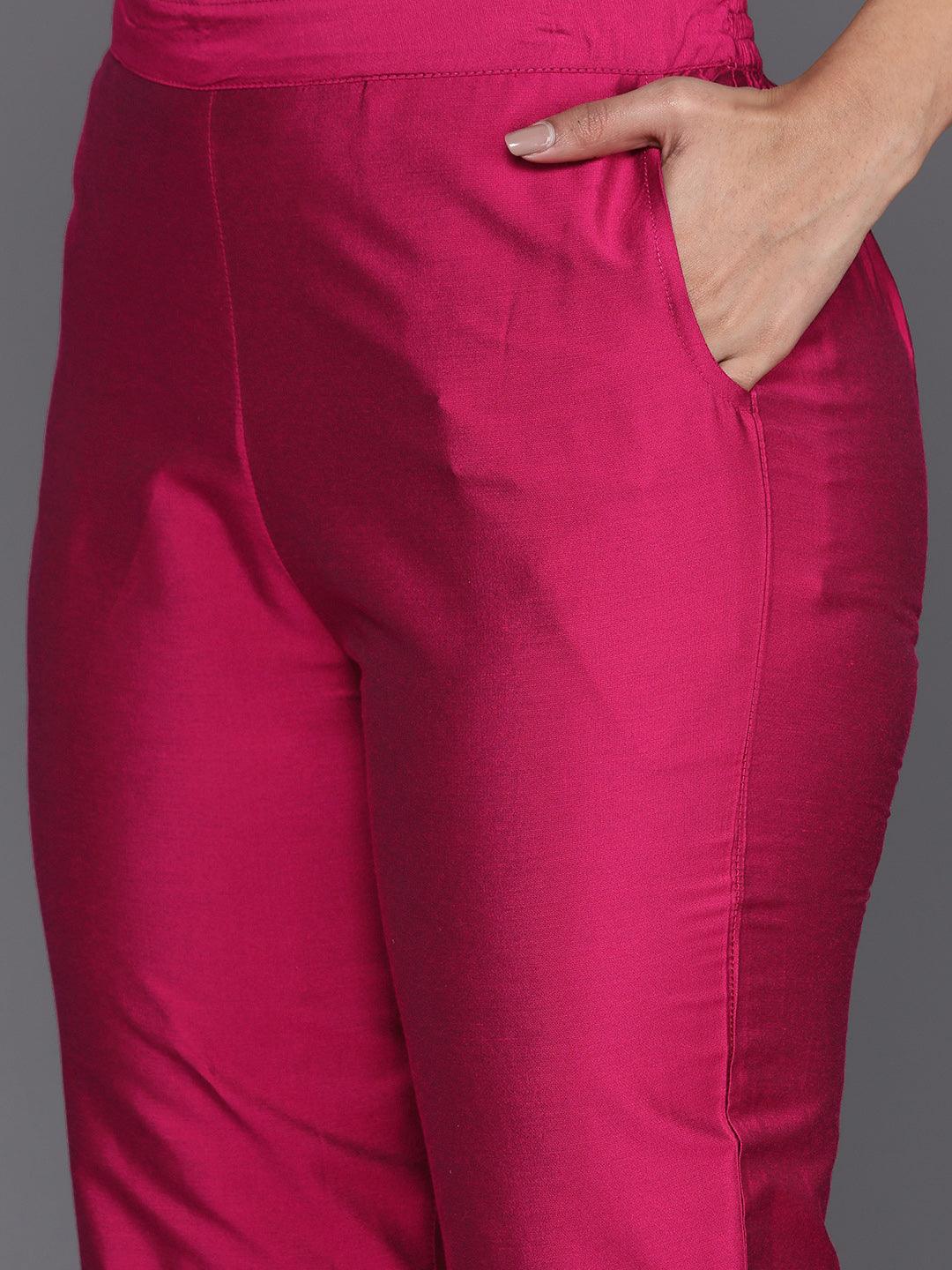 Magenta Solid Silk Blend Straight Kurta With Trousers & Dupatta - ShopLibas