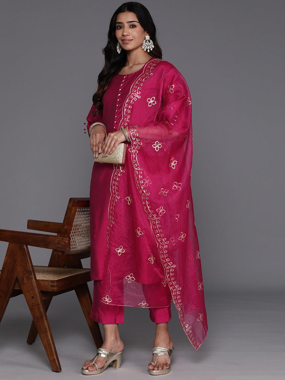 Magenta Solid Silk Blend Straight Suit With Dupatta