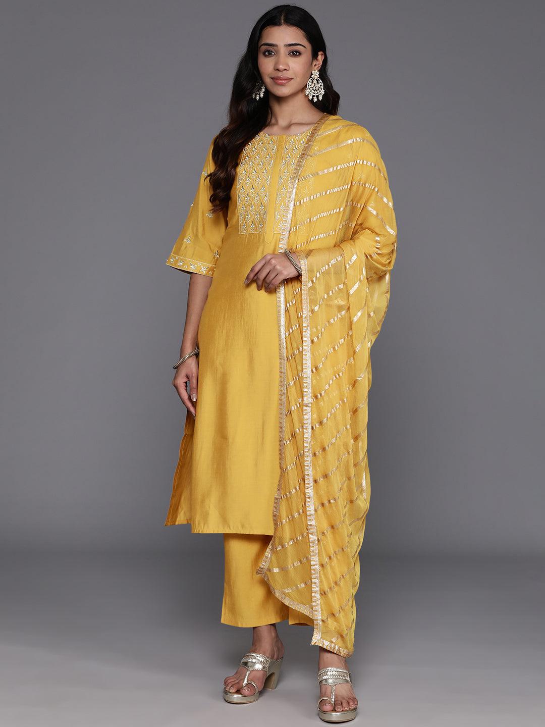 Mustard Solid Silk Blend Straight Kurta With Trousers & Dupatta - ShopLibas