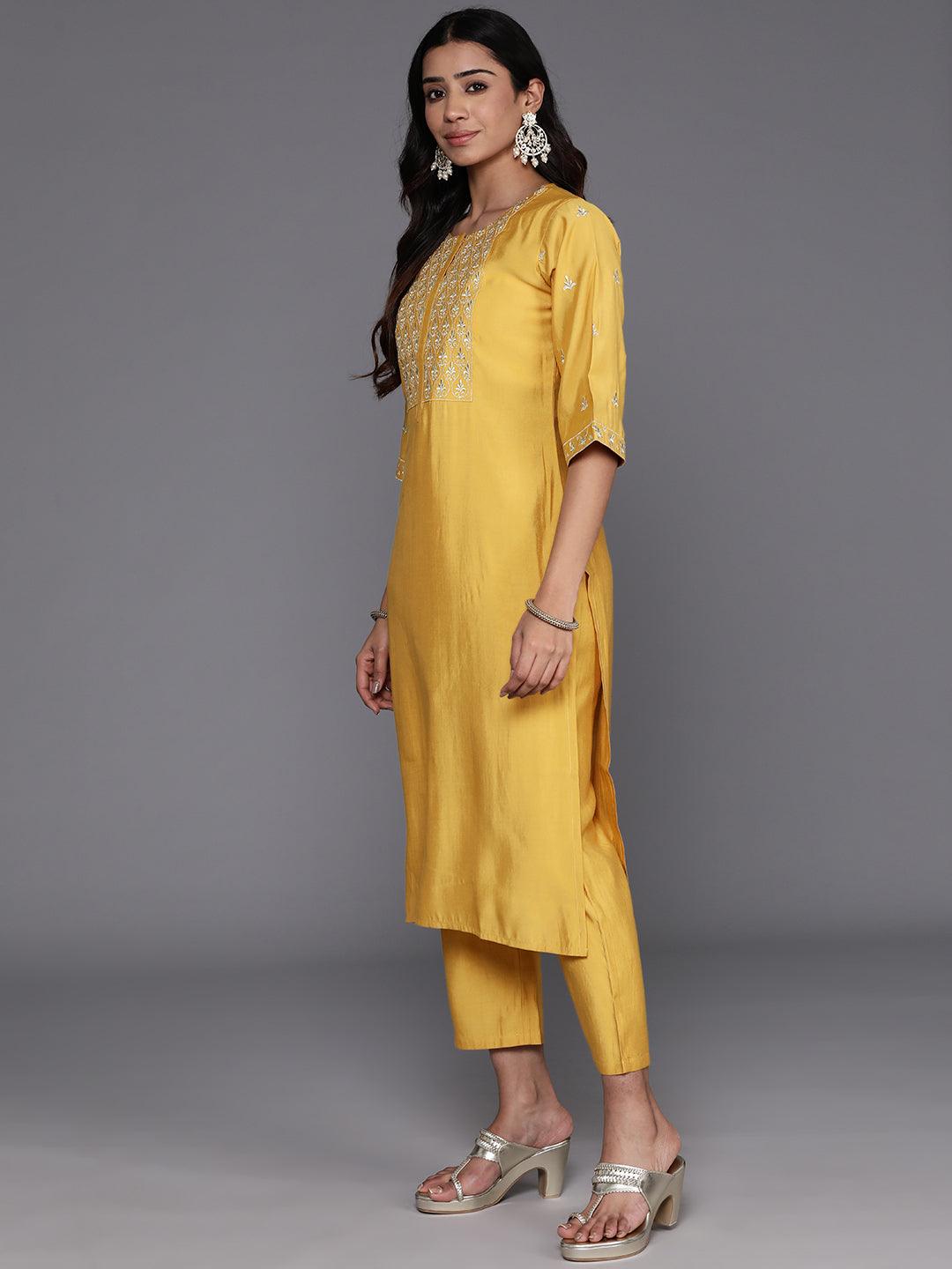 Mustard Solid Silk Blend Straight Kurta With Trousers & Dupatta - ShopLibas