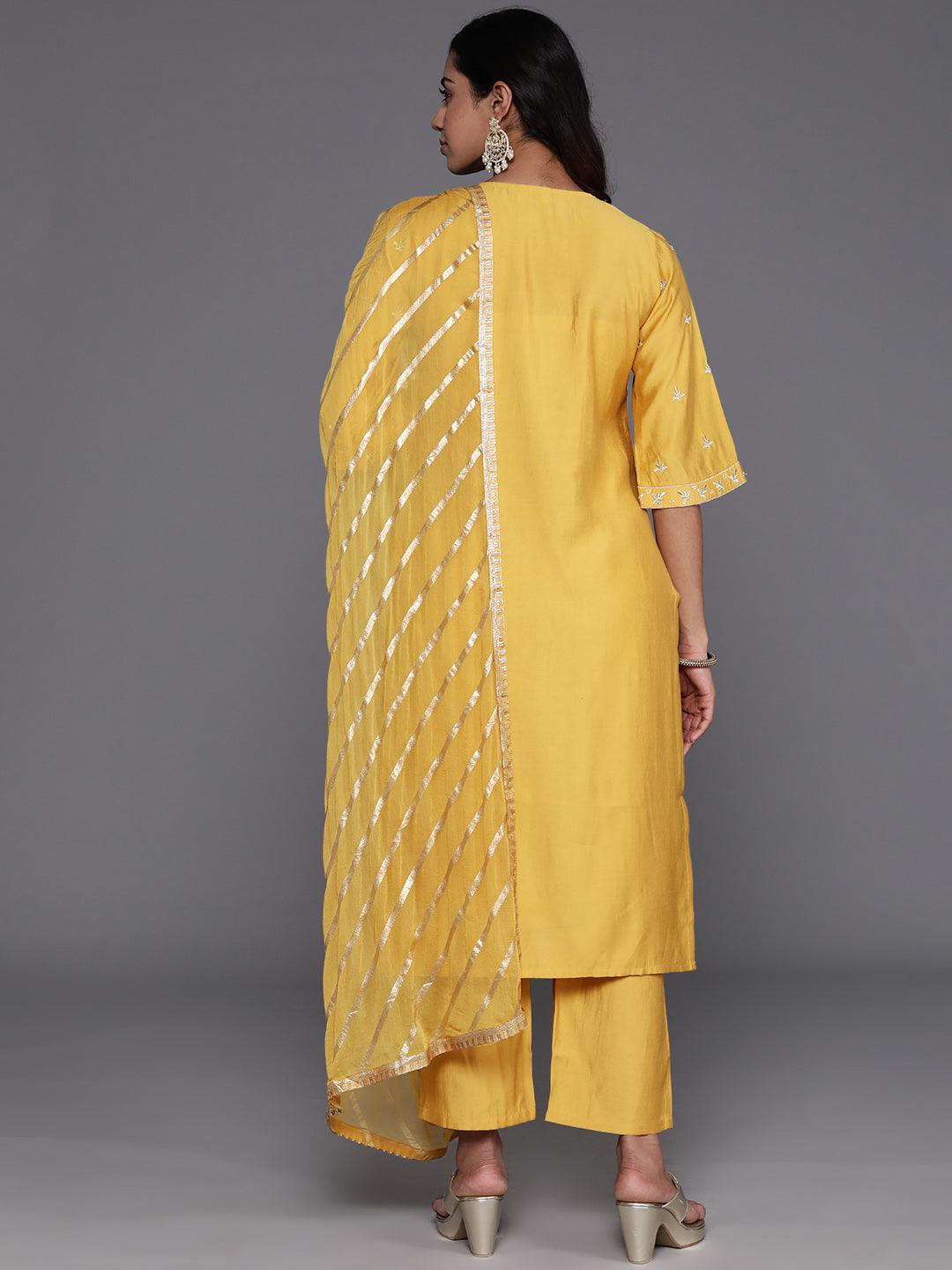 Mustard Solid Silk Blend Straight Kurta With Trousers & Dupatta - ShopLibas