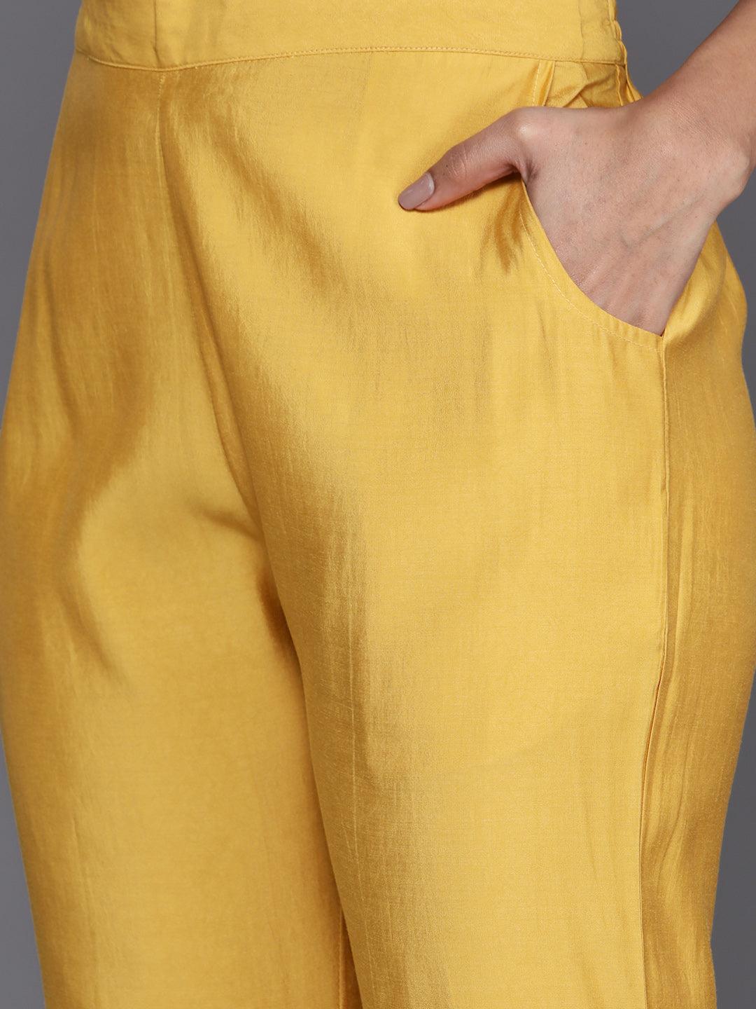 Mustard Solid Silk Blend Straight Kurta With Trousers & Dupatta - ShopLibas